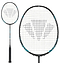 The Carlton GP-X 88 Badminton Racket in Hotmelt Black/Blue is crafted with high modulus graphite, featuring a blue accent, bold string graphic, and intricate string pattern. Its black grip handle ensures optimal comfort, perfect for professional players.