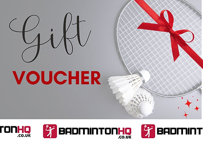 The BadmintonHQ Gift Card (£50–£500) is a digital gift for any badminton fan—featuring a racket with a red bow, shuttlecocks, and "Gift Voucher" in bold text on a gray background. Choose your amount from BadmintonHQ!.