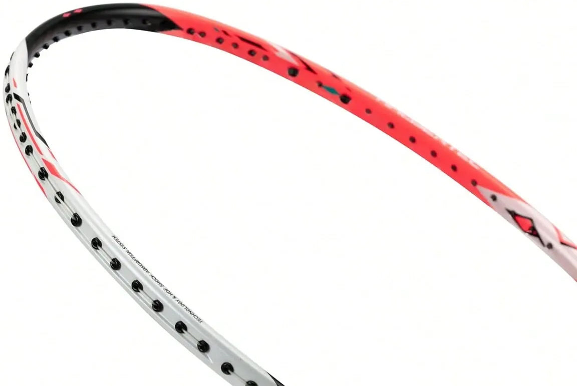 Close-up of the Li-Ning Halbertec 4000 4U Badminton Racket in Pearl White / Fruit Powder, showcasing its control-oriented frame design with multiple string holes visible; strings are not installed.