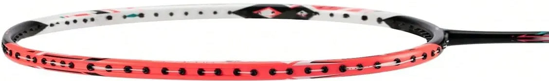 Close-up of the Li-Ning Halbertec 4000 4U Badminton Racket - Pearl White / Fruit Powder, showing the head and part of the shaft with a control-focused design, highlighting its black, white, and red color scheme. Strings are not visible.
