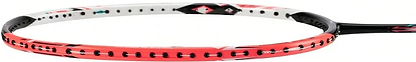 Close-up of the Li-Ning Halbertec 4000 4U Badminton Racket - Pearl White / Fruit Powder, showing the head and part of the shaft with a control-focused design, highlighting its black, white, and red color scheme. Strings are not visible.