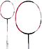 A Li-Ning Halbertec 4000 4U Badminton Racket in Pearl White/Fruit Powder is shown from two angles against a white background, featuring a white grip and unstrung black, red, and white frame.