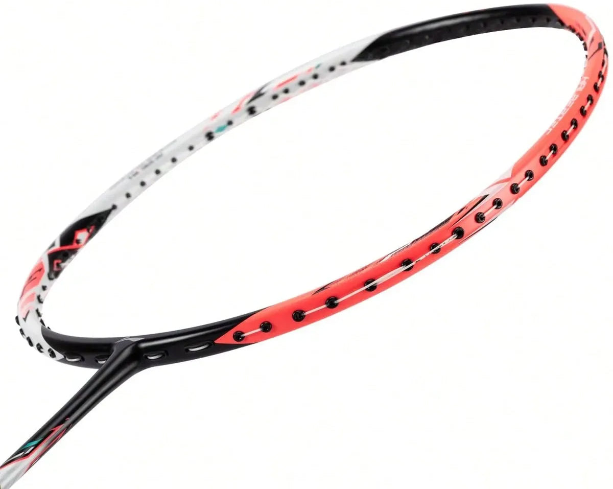Close-up of the Li-Ning Halbertec 4000 4U Badminton Racket in Pearl White/Fruit Powder, showing its control-oriented design and detailed string holes. The racket is angled against a white background.