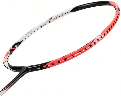 Close-up of the Li-Ning Halbertec 4000 4U Badminton Racket in Pearl White/Fruit Powder, showing its control-oriented design and detailed string holes. The racket is angled against a white background.
