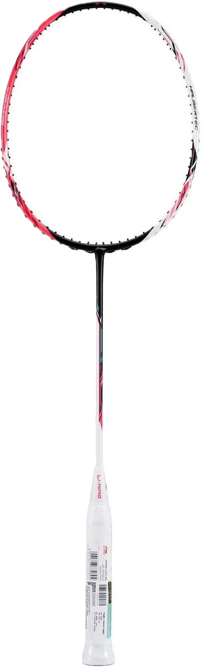 The Li-Ning Halbertec 4000 4U Badminton Racket in Pearl White/Fruit Powder by Li-Ning is a control-focused racket, pictured with black strings and a white handle in plastic wrap against a white background.