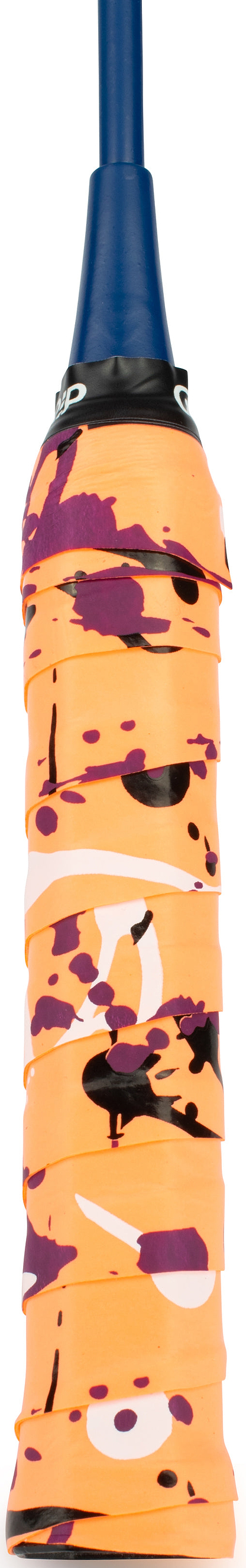 Close-up of a badminton racket handle wrapped in Get A Grip Hot Mess Badminton Overgrip - Orange by Get A Grip, featuring a non-slip abstract pattern with purple, white, and black splashes. The handle top is dark blue.