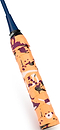 Close-up of a tennis racket handle wrapped with the Get A Grip Hot Mess Badminton Overgrip in orange by Get A Grip, featuring a bold abstract pattern in purple, maroon, and white. The non-slip grip ensures comfort. Racket head not shown.
