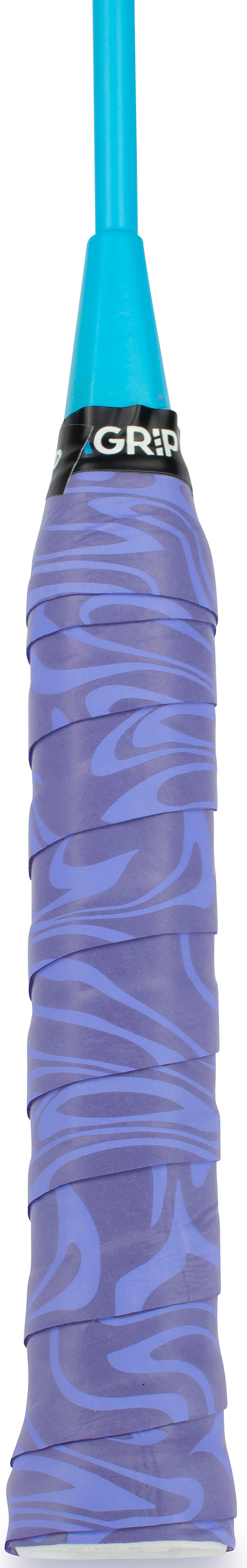 Close-up of a Get A Grip Purple Haze Badminton Overgrip in purple, featuring a blue and purple pattern for superior moisture absorption and a light blue end cap.