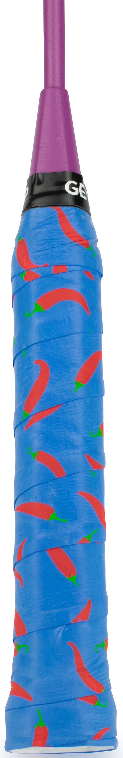 A close-up of a Get A Grip Heatwave Badminton Overgrip - Blue, featuring a red chili pepper pattern for a non-slip hold, wraps the racket handle, while a purple shaft extends from above.