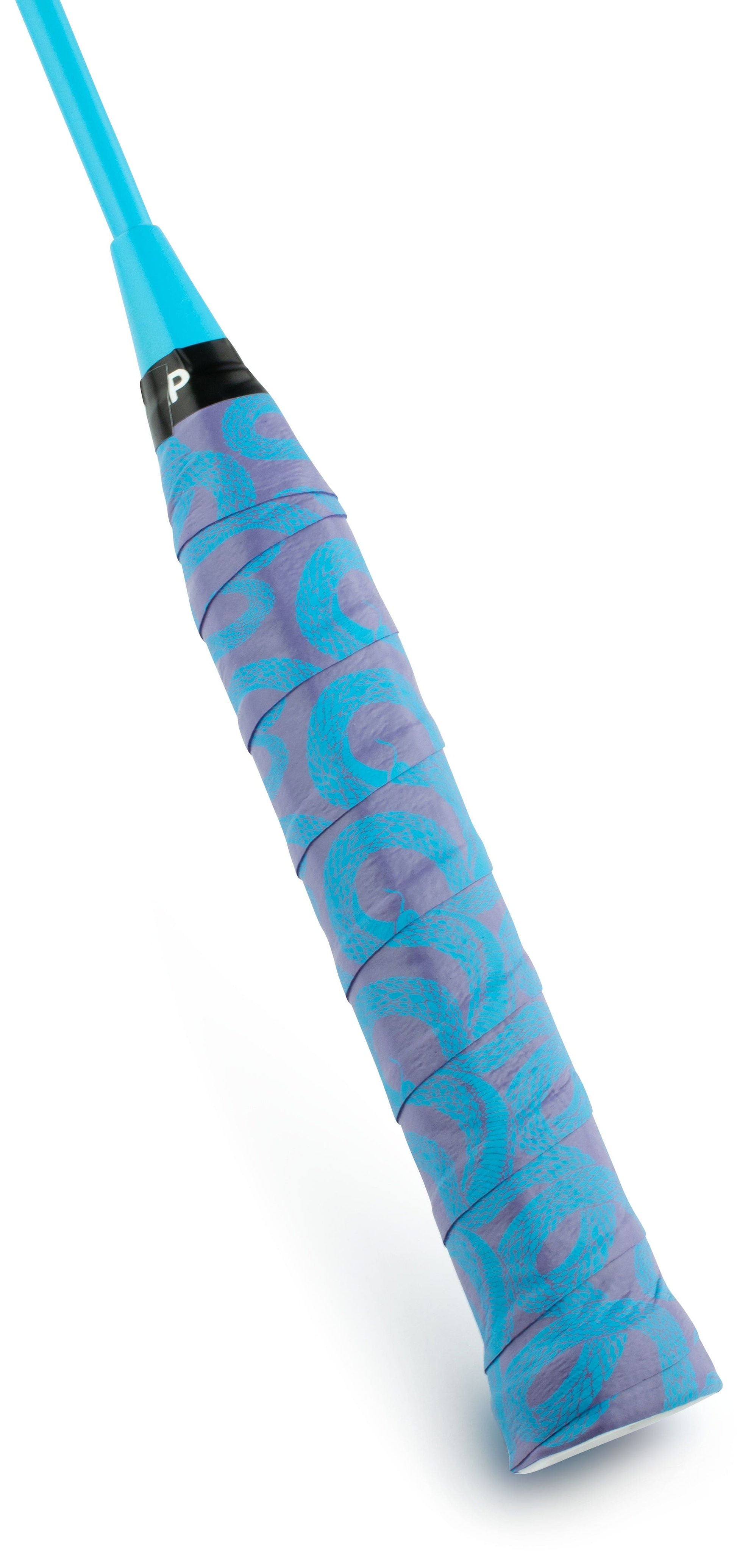Close-up of a blue racket handle wrapped with the Get A Grip Badminton Overgrip - Hydra, featuring a textured purple design for enhanced moisture absorption and topped with a black band showing a white "P". Brand: Get A Grip.