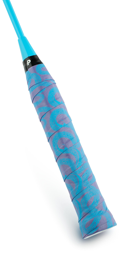 Close-up of a blue racket handle wrapped with the Get A Grip Badminton Overgrip - Hydra, featuring a textured purple design for enhanced moisture absorption and topped with a black band showing a white "P". Brand: Get A Grip.