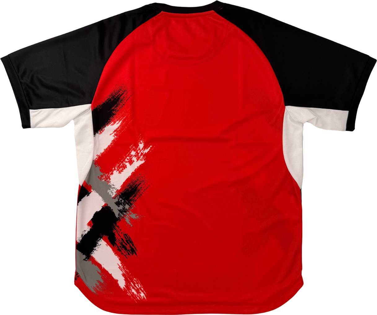 The Yonex YTM13 Men’s Badminton T-Shirt in Red by Yonex features a bold red back, black sleeves, white side panels, and eye-catching black, white, and gray brushstroke designs on the lower left—making it the ideal choice for teams seeking both style and performance on the court.