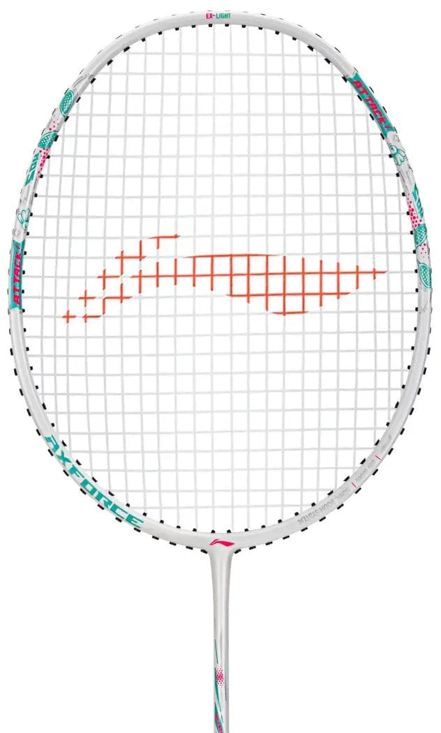 The Li-Ning Axforce Big Bang 4U Badminton Racket in Pearl White, featuring a patterned frame and orange string bed design for intermediate to advanced players, is displayed against a plain white background.