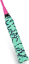A close-up of a racket handle wrapped with the Get A Grip Liquid Motion Badminton Overgrip - Green, featuring a black camouflage pattern and a pink handle top—a unique badminton gift from Get A Grip.