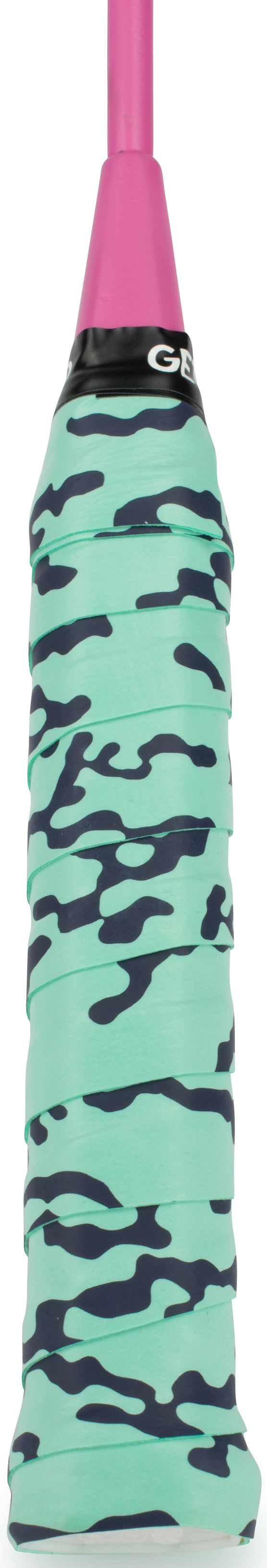 Close-up of Get A Grip Liquid Motion Badminton Overgrip in green by Get A Grip, featuring a stylish camouflage-patterned handle and pink top—ideal for anyone seeking a unique racket grip or an original badminton gift.
