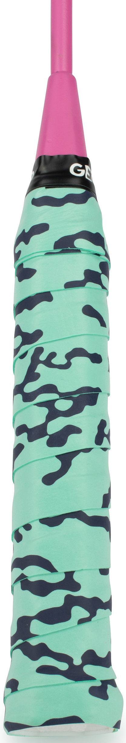 Close-up of Get A Grip Liquid Motion Badminton Overgrip in green by Get A Grip, featuring a stylish camouflage-patterned handle and pink top—ideal for anyone seeking a unique racket grip or an original badminton gift.