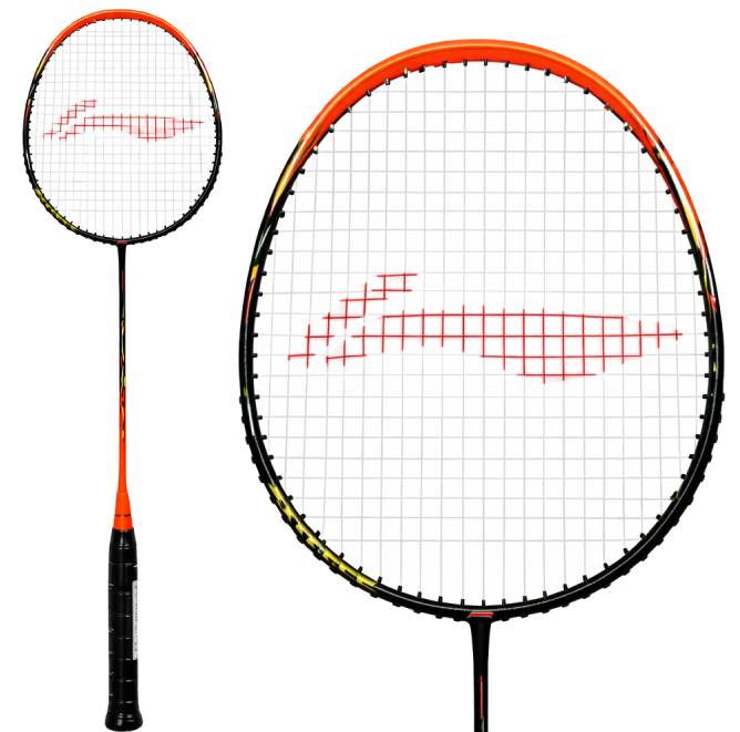 The Li-Ning Axforce 9 3U Badminton Racket in Neon True Orange features a black and orange design with a red string pattern, shown in full view and close-up of the racket head—ideal for beginners.