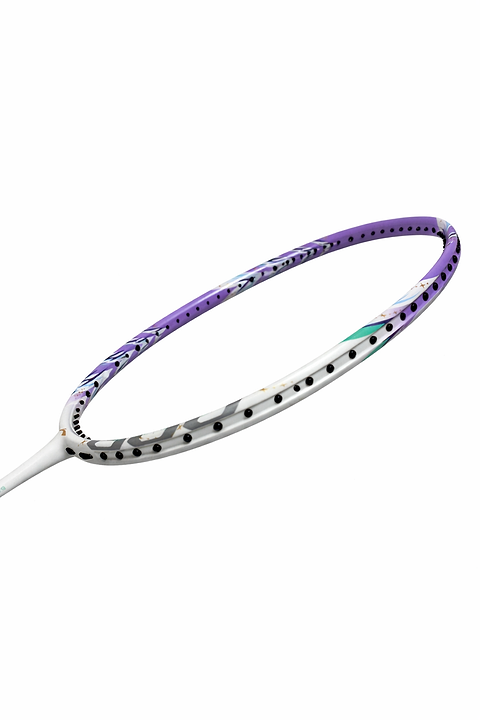 A close-up of the Li-Ning BladeX 600 4U Badminton Racket - White/Purple shows its ultra carbon frame with purple accents, highlighting the string holes without strings.