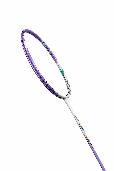 A close-up of the Li-Ning BladeX 600 4U Badminton Racket in White/Purple highlights its minimal design, colorful accents, and ultra carbon build, with the frame mostly purple and shaft white, shown isolated on a white background.