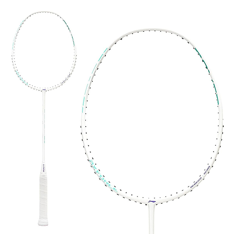 The Li-Ning Axforce 10 4U Badminton Racket - Pearl White (Strung) features a slim shaft and head-heavy balance, shown in both full view and a close-up of the large oval head.