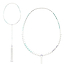 The Li-Ning Axforce 10 4U Badminton Racket - Pearl White (Strung) features a slim shaft and head-heavy balance, shown in both full view and a close-up of the large oval head.