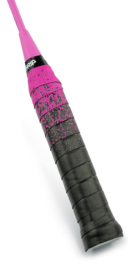 Close-up of a tennis racket handle wrapped with the Get A Grip Badminton Overgrip - Looking Sharp by Get A Grip, showing a textured pink splatter pattern that fades to solid black at the base.