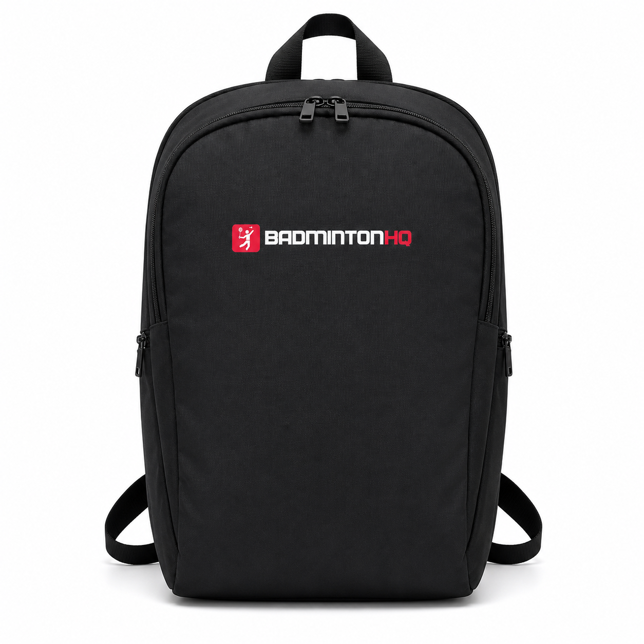 The BadmintonHQ Badminton Backpack - Black features two zippered compartments, adjustable shoulder straps, a top handle, and the white/red BadmintonHQ logo on the front. Perfect for carrying your badminton kit. Background is plain white.