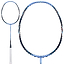 The Li-Ning BladeX 900 Moon Max 3U Badminton Racket in blue stands upright, showcasing its oval head with detailed strings and frame.
