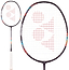 The Yonex Nanoflare 700 Game 4U Badminton Racket in Midnight Purple features a white grip and red geometric string designs, shown in full and close-up views—perfect for intermediate players.