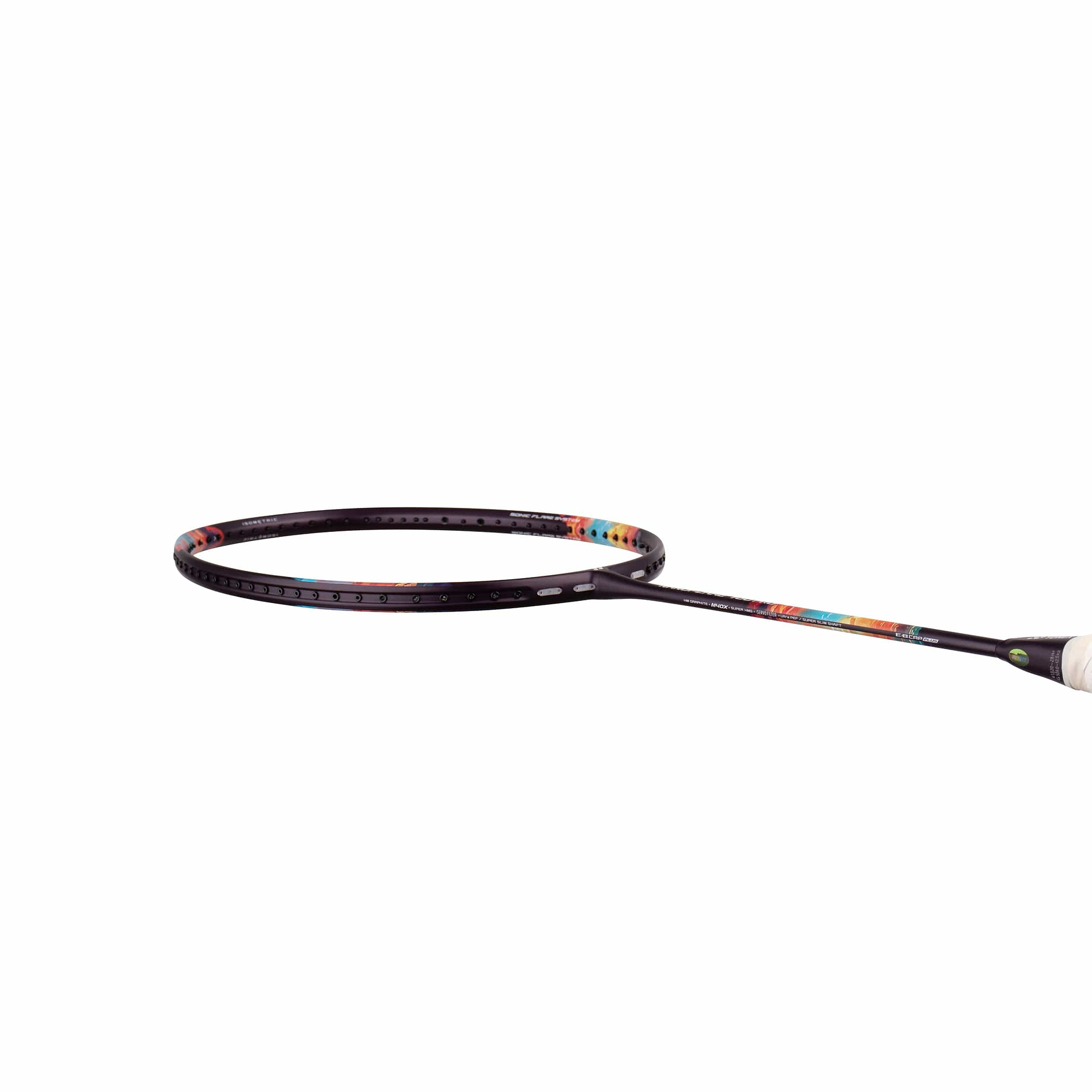 A close-up of the Yonex Nanoflare 700 Pro 5U Badminton Racket - Midnight Purple, expertly crafted for advanced players, featuring its midnight purple frame adorned with vibrant accents. The racket is elegantly positioned at an angle against a plain white background.