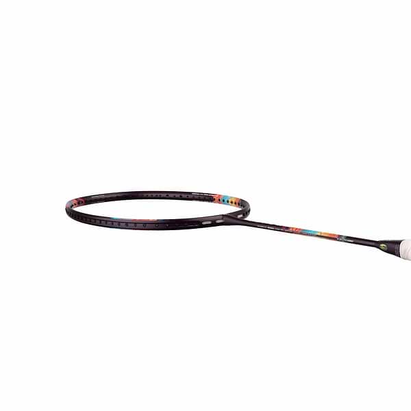 A close-up of the Yonex Nanoflare 700 Pro 5U Badminton Racket - Midnight Purple, expertly crafted for advanced players, featuring its midnight purple frame adorned with vibrant accents. The racket is elegantly positioned at an angle against a plain white background.