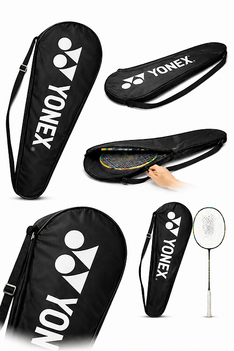 The Yonex Full Size Badminton Racket Cover - Black, featuring a white Yonex logo, is shown from various angles; one image highlights a hand placing a racket inside, demonstrating full coverage and excellent protection.