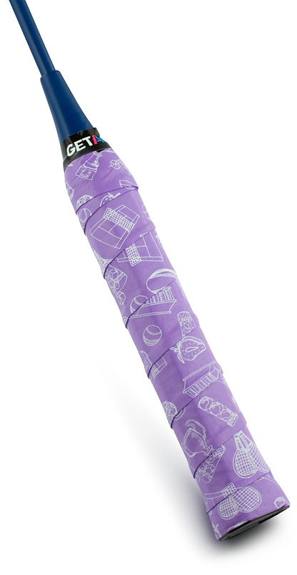 A close-up of the Get A Grip Badminton Overgrip - Ready? Play by Get A Grip, wrapped in purple with white sports equipment designs, on a white background—an ideal unique badminton gift.