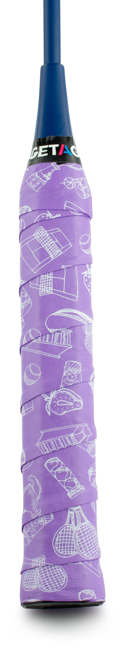 A cricket bat with a blue handle wrapped in a Get A Grip "Ready? Play" Badminton Overgrip, featuring white line drawings of rackets, shuttlecocks, and balls.