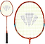 The Carlton Tru-Storm SSx 3.0 G6 1U Badminton Racket by Carlton stands out with its vibrant neon orange frame, complemented by a black handle and yellow strings featuring a bold black triangular design at the center. The durable racket is displayed in both a full-length view and a close-up that emphasizes the distinctive string pattern—making it an ideal option for beginners and casual players alike.