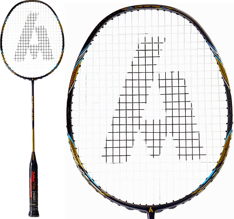The Ashaway Superlight 99 SQ 5U Badminton Racket in gold and black, featuring a large "A" logo at the center of the string bed, is shown in full-length and close-up views.