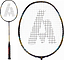 The Ashaway Superlight 99 SQ 5U Badminton Racket in gold and black, featuring a large "A" logo at the center of the string bed, is shown in full-length and close-up views.