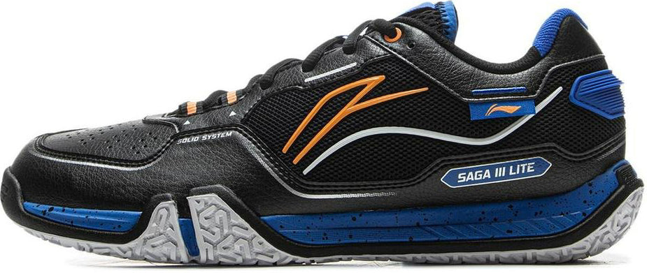 The Li-Ning Saga III Lite Men's Badminton Shoes in black feature blue and orange accents, Li-Ning Cloud cushioning, a textured white sole, mesh details, and "SAGA III LITE" text on the side.