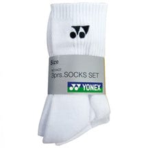 Package of Yonex W8422 white sports badminton socks featuring a bold black logo and a gray label that reads "Set of 3 Pairs." The size guide and iconic green and blue Yonex logo are prominently displayed on the label, ensuring a perfect fit for every athlete.