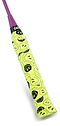 The Get A Grip Badminton Overgrip - Smiley by Get A Grip features a yellow grip with black smiley faces and a purple top section—perfect for anyone who loves unique sports gear or wants a fun badminton gift.