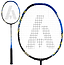 The Ashaway Striker Force 2000 4U Badminton Racket in black and blue features a bold "A" design on the strings, shown in full view and close-up—perfect for intermediate players.