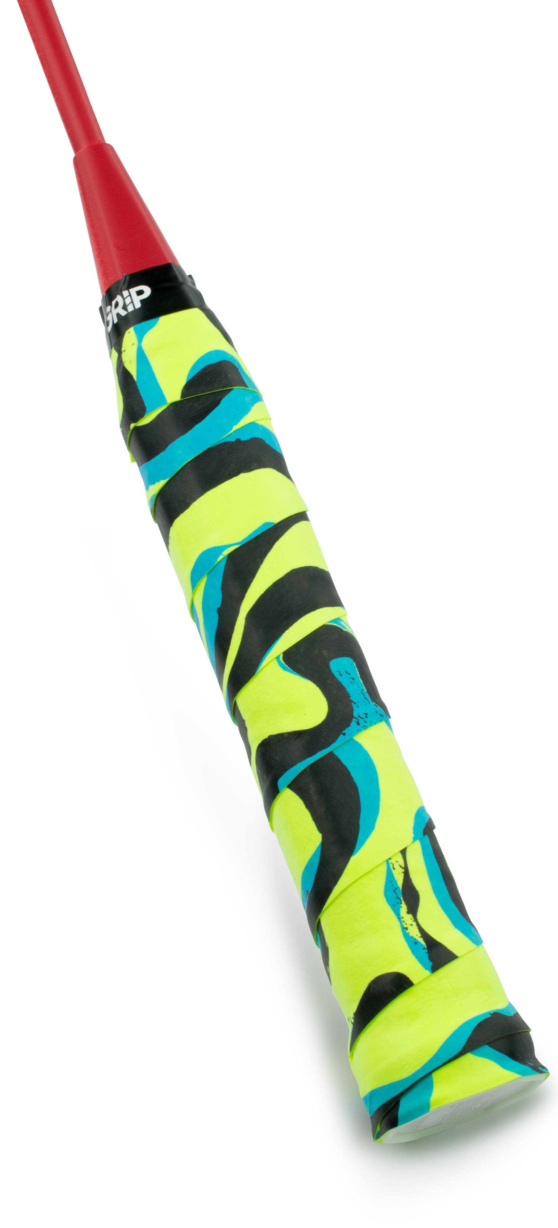 Close-up of the Get a Grip Badminton Overgrip - The Flow by Get A Grip, featuring yellow, black, and blue wavy patterns with a red top and white "GRIP" branding. Combines style and comfort for your racket handle.
