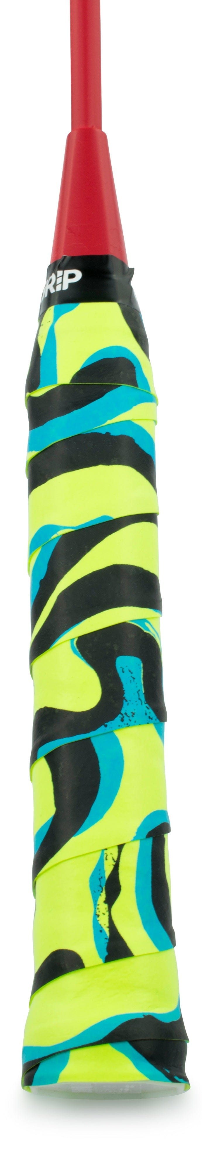 A close-up of Get A Grip’s "The Flow" Badminton Overgrip shows yellow, black, and blue zigzag patterns with a red top—an ideal gift for players seeking both comfort and style.