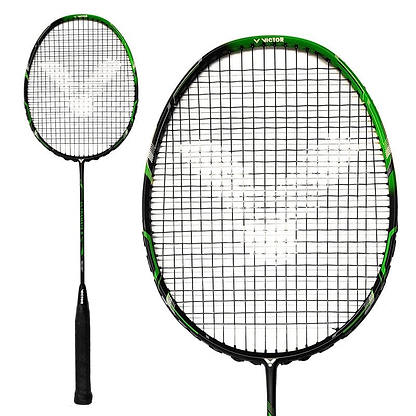 The Victor Ultramate 7 Graphite Badminton Racket in green and black has strings arranged in a distinctive "V" pattern. Its handle includes a black grip, and the graphite frame features the brand's text at the top. The images include both a full view of the racket and a close-up of its head, emphasizing its appeal as an entry-level option.