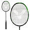 The Victor Ultramate 7 Graphite Badminton Racket in green and black has strings arranged in a distinctive "V" pattern. Its handle includes a black grip, and the graphite frame features the brand's text at the top. The images include both a full view of the racket and a close-up of its head, emphasizing its appeal as an entry-level option.
