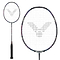 The Victor Thruster Ryuga II Pro 3U Badminton Racket in Mazarine Blue, by Victor, features a black handle, patterned oval head with V-patterned strings, and a sleek POWER BOX design frame for enhanced precision and performance.