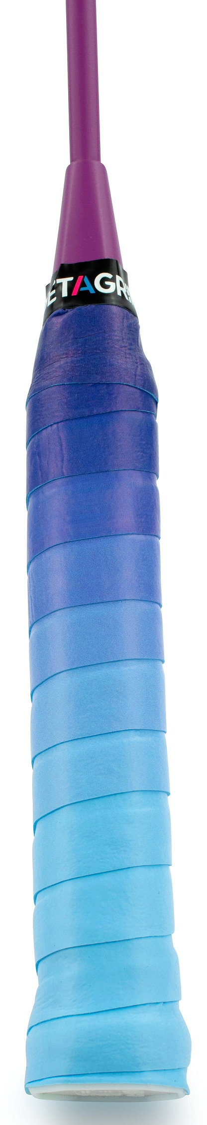 A close-up of the Get a Grip Badminton Overgrip - Wavy shows its stylish purple and blue gradient wrap with the Get A Grip brand name partially visible near the top.