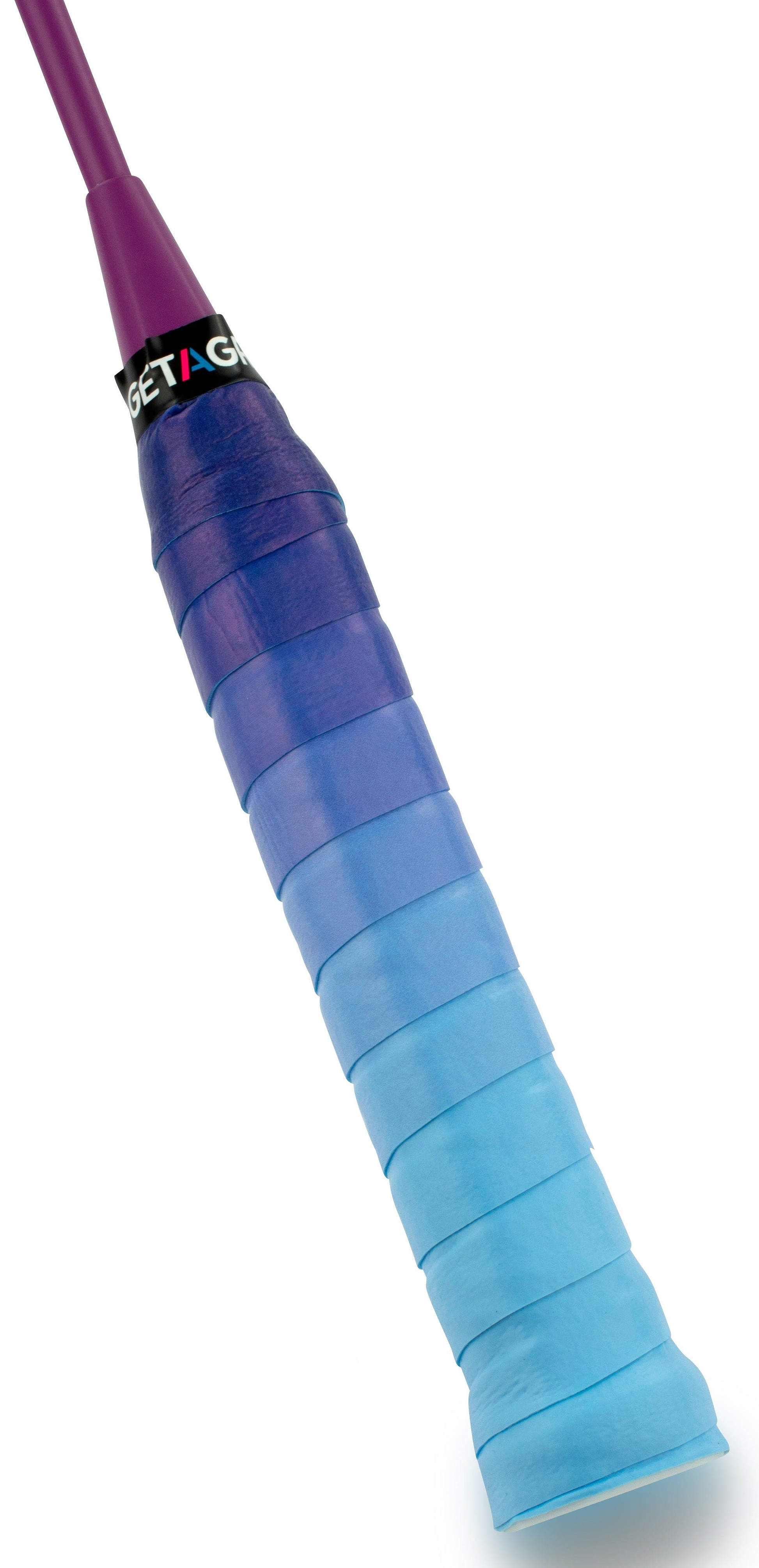 A close-up of a racket handle wrapped with the Get a Grip Badminton Overgrip - Wavy by Get A Grip, featuring a gradient from dark purple to light blue and a black band with colorful text at the top of the handle.