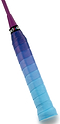 A close-up of a racket handle wrapped with the Get a Grip Badminton Overgrip - Wavy by Get A Grip, featuring a gradient from dark purple to light blue and a black band with colorful text at the top of the handle.