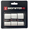 The BadmintonHQ 3 Pack Badminton Overgrips includes three white grips with black "BADMINTONHQ" bands, excellent sweat absorption, and packaging displaying the brand name and logo at the top.